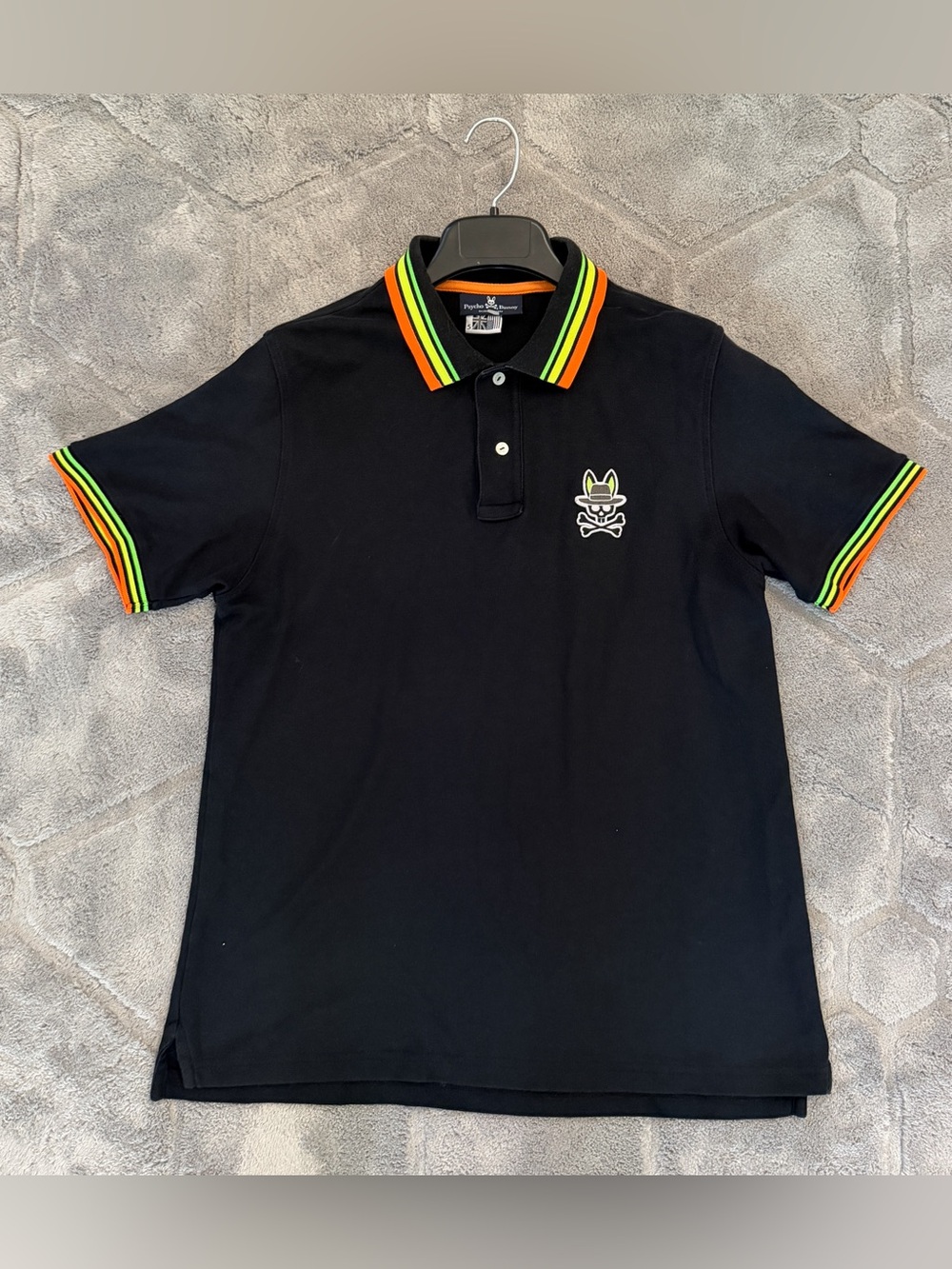 Psycho Bunny Black Neon Polo Shirt Men's Size 5 Medium Short Sleeve 100% Pima